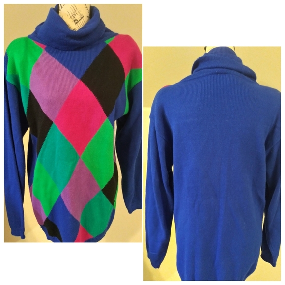 Vintage PYKE LIMITED VIBRANT COLORFUL 80s Diagonal HARLEQUIN SWEATER | M - Picture 2 of 6